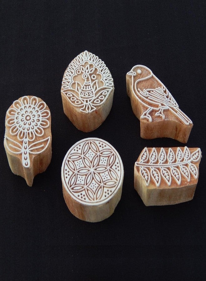 Ecofynd Wood Block Stamps (Pack of 5) for Printing - Artistic Shapes Craft Set for Kids, Saree Border, DIY Henna, Fabric, Textile, Paper, Clay, Pottery - Hand-Carved Wooden Blocks (BLOCK018) - Image 1